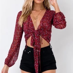 Princess Polly Waverly Floral Tie Up Blouse Wine Size 4